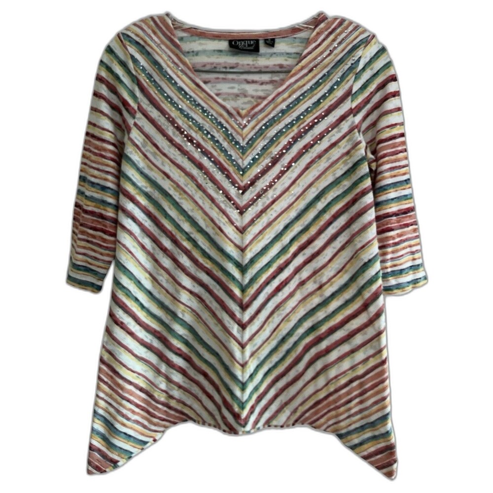 Onque Casuals Blouse Women’s Small Striped V-Neck Multicolor Rhinestone Top